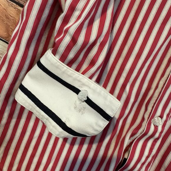 Robert Graham Men's XL Long Sleeve Shirt Red White Stripe Flip Cuff Patch - Picture 2 of 13